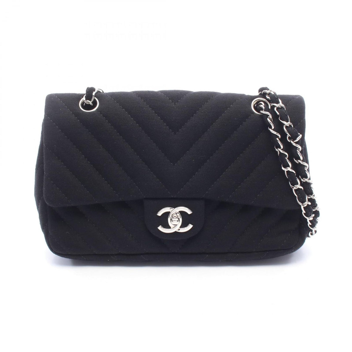 Chanel Shoulder Bag Chevron V-stitch Black Fabric Chain