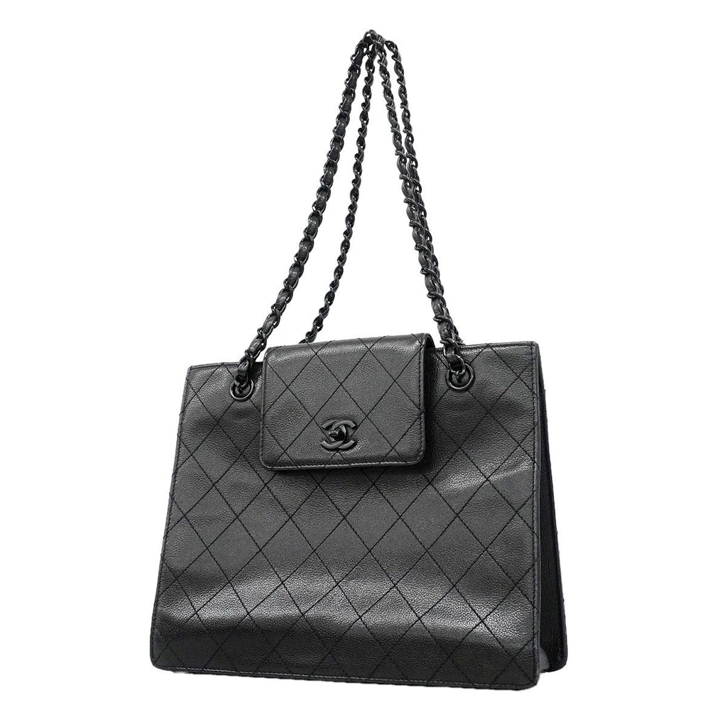 Chanel Chain Tote Bag Quilted Caviar Leather Black