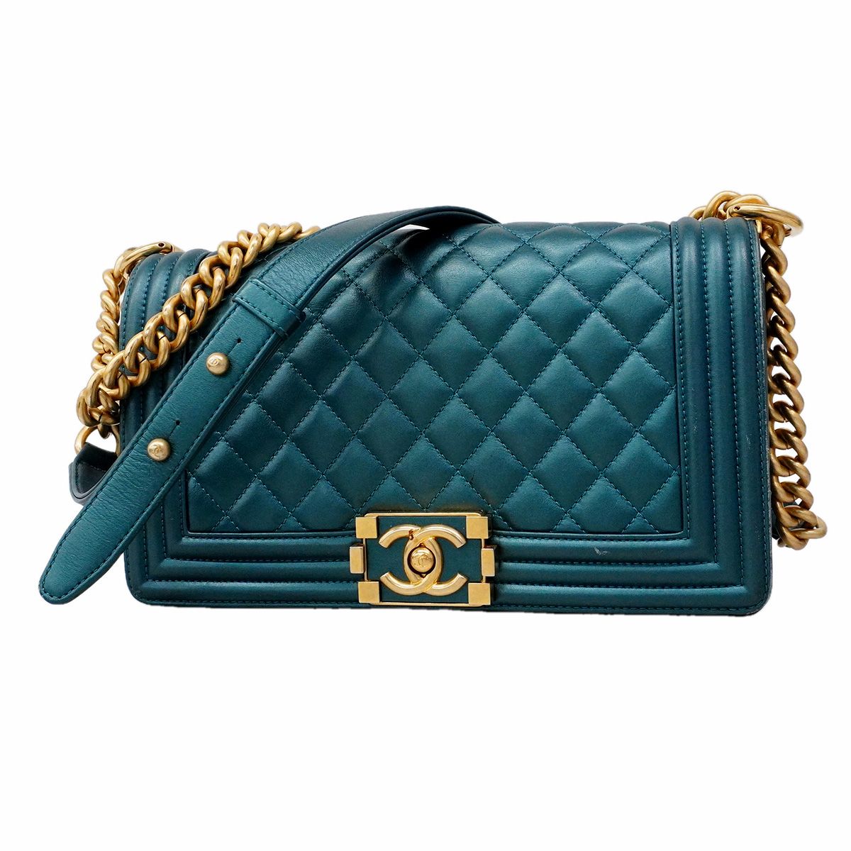Chanel Shoulder Bag Boy Lambskin Blue Gold