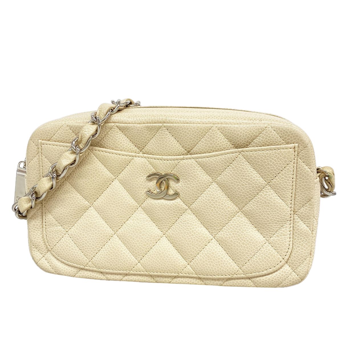 Chanel Shoulder Bag Quilted Caviar Leather Ivory Silver