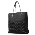 Chanel Tote Bag Quilted Lambskin Black Silver