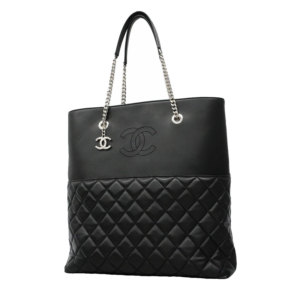 Chanel Tote Bag Quilted Lambskin Black Silver