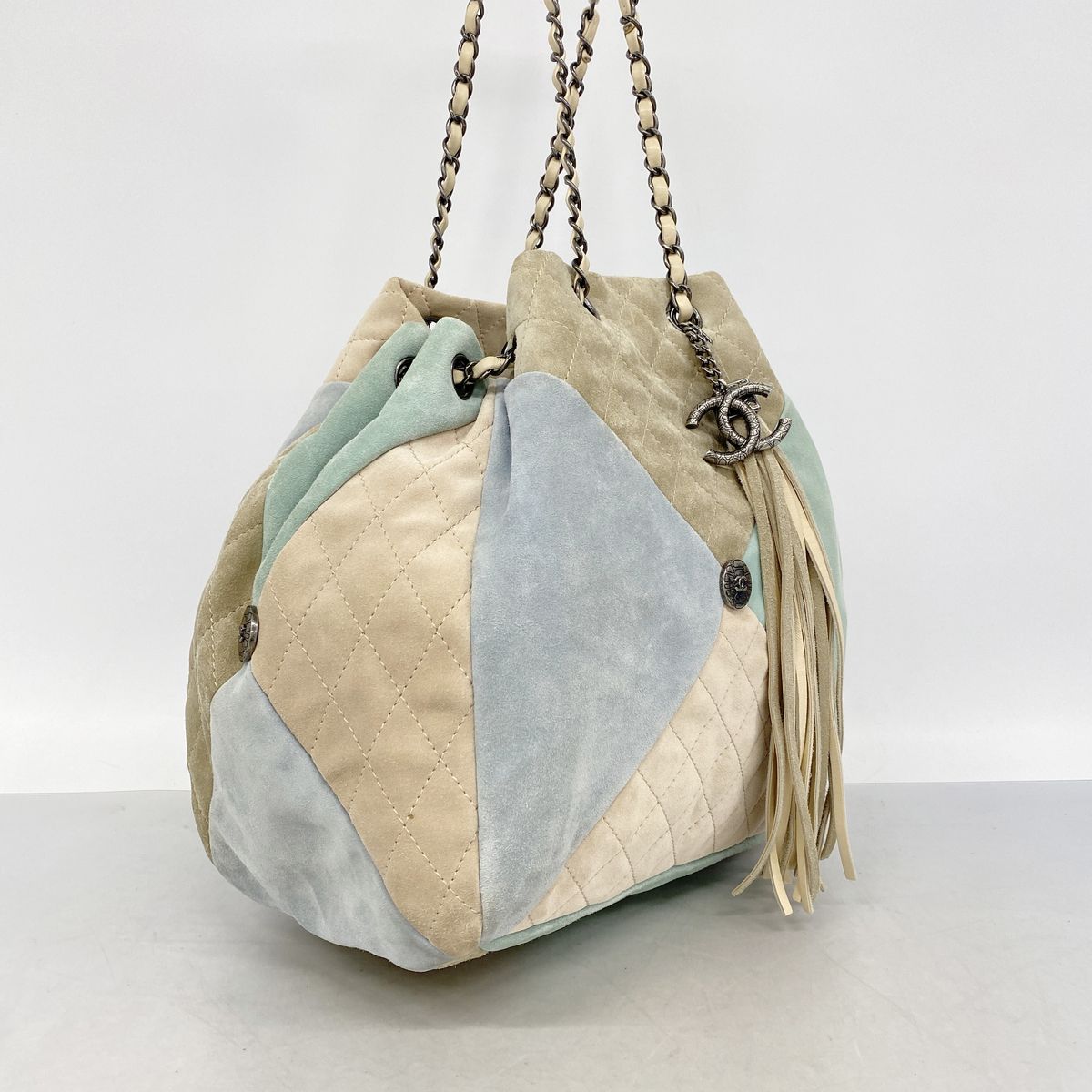 Chanel Shoulder Bag Suede Beige Blue Green Silver — view 2