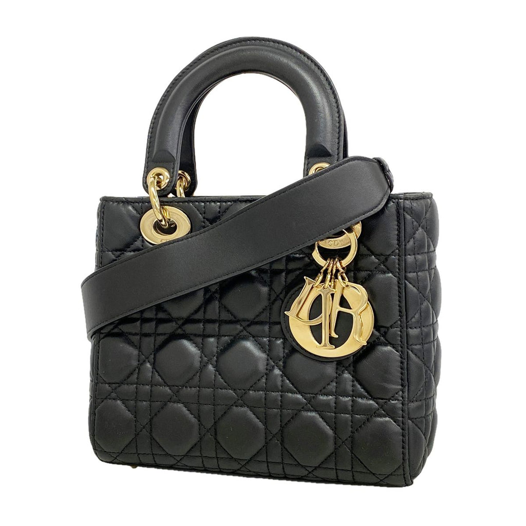 Dior Handbag Cannage Lady Leather Black Champagne Gold 2-Way Bag