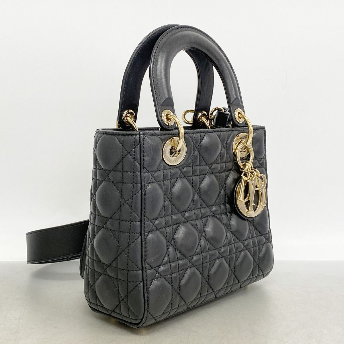 Dior Handbag Cannage Lady Leather Black Champagne Gold 2-Way Bag — view 2