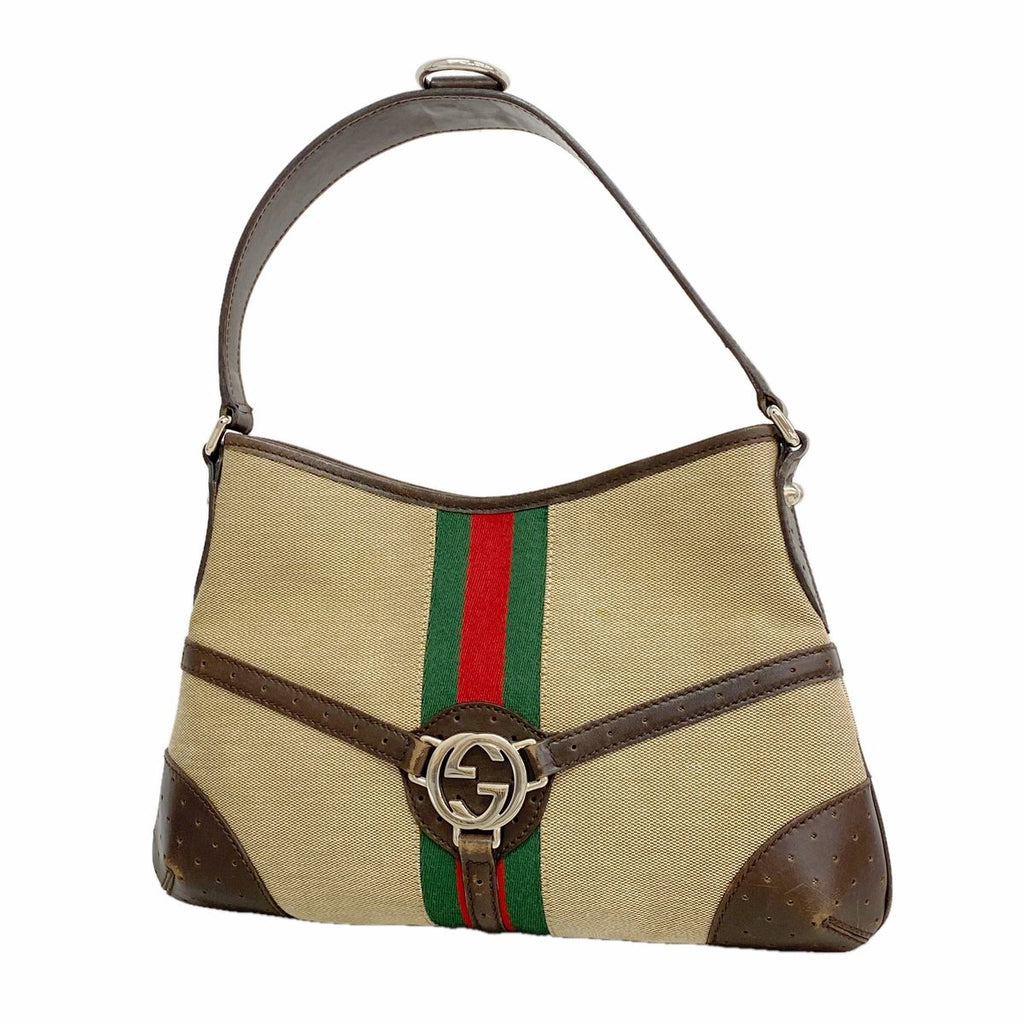 Gucci Shoulder Bag Sherry Line Interlocking G Canvas Beige Brown Silver