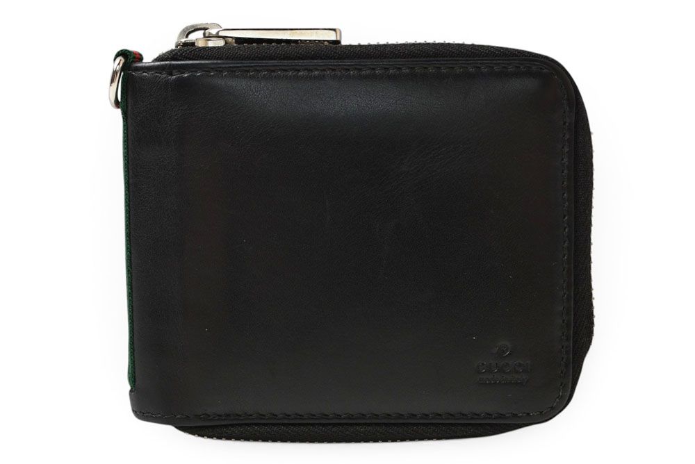 Gucci Wallet Bifold Zip Around Black Leather Sherry Line Billfold