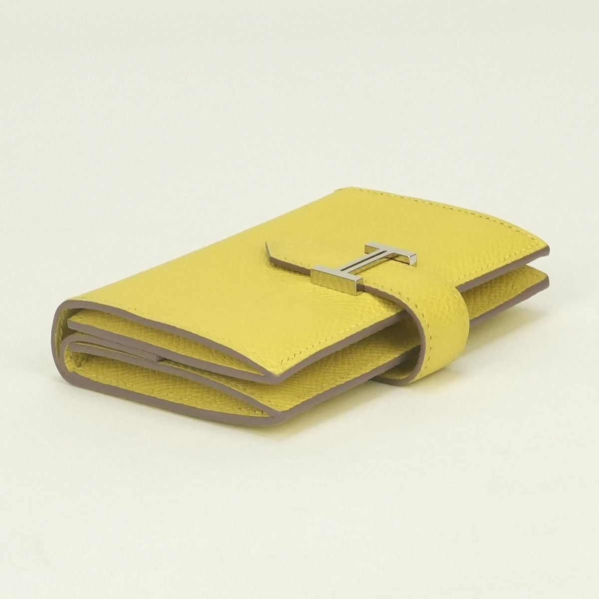 Hermes Bearn Mini Wallet Bifold Epsom Lime Yellow Silver Veau Compact Card Case — view 3