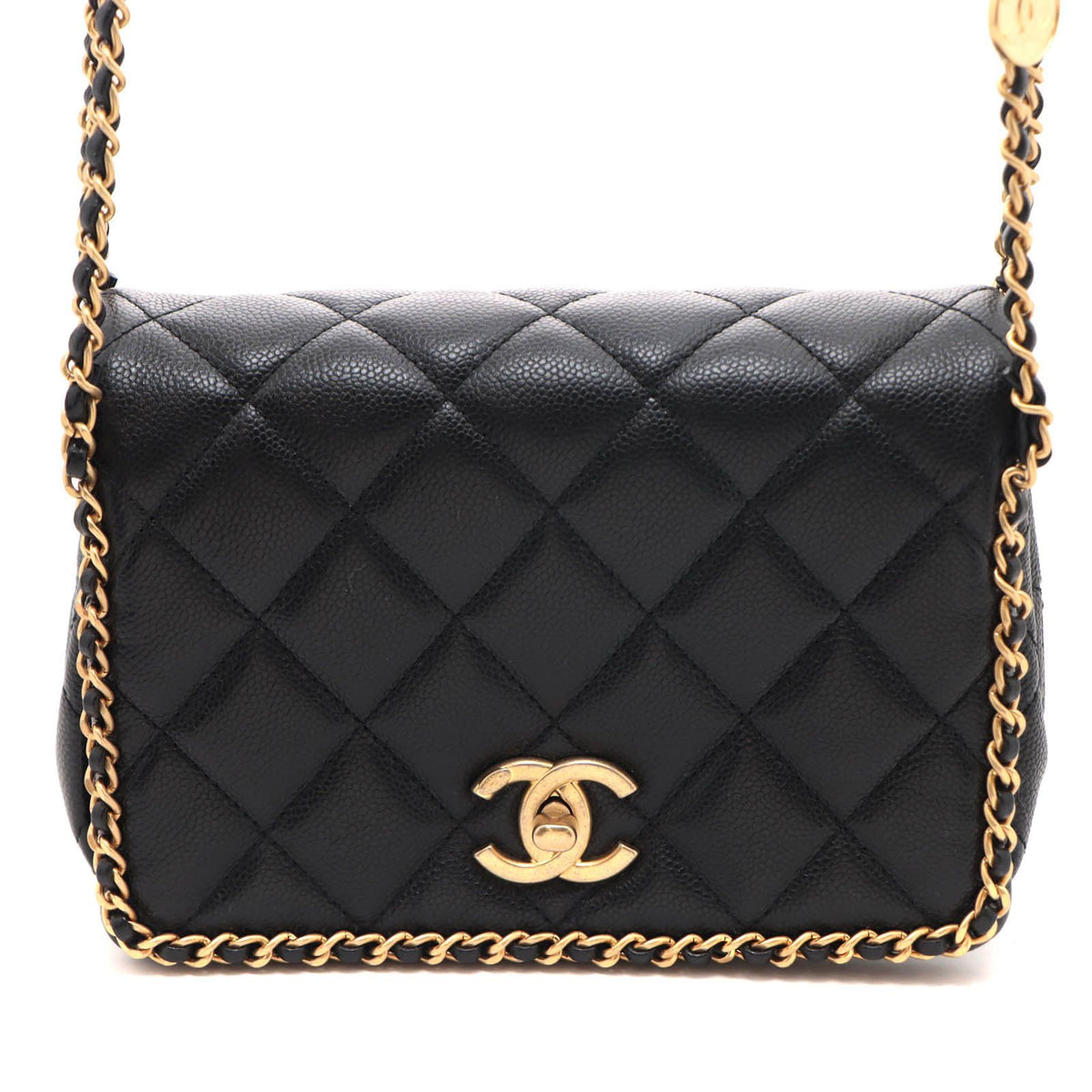 Chanel Quilted Chain Trim Full Flap Shoulder Black Bag Caviar Leather