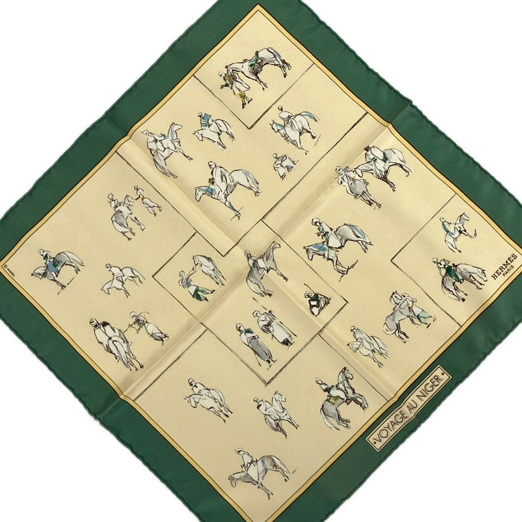 Hermes Scarf Petit Carre Ivory Dark Green Light Gray Voyage AU Niger