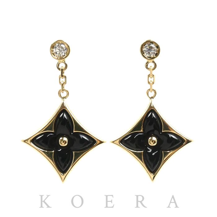 Louis Vuitton 18k Yellow Gold Star Blossom BB Earrings Onyx Diamond