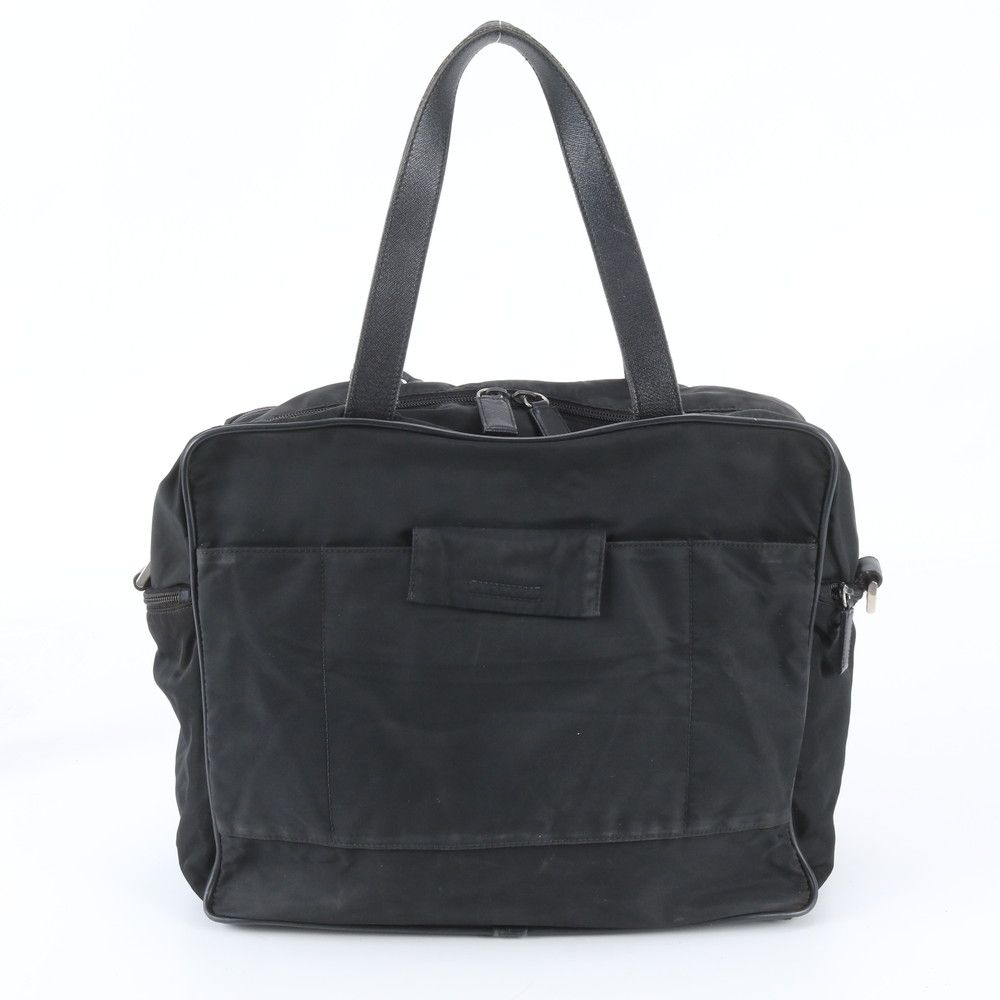 Prada Tessuto Nylon Triangle Logo Leather Business Document Tote Bag Black — view 3
