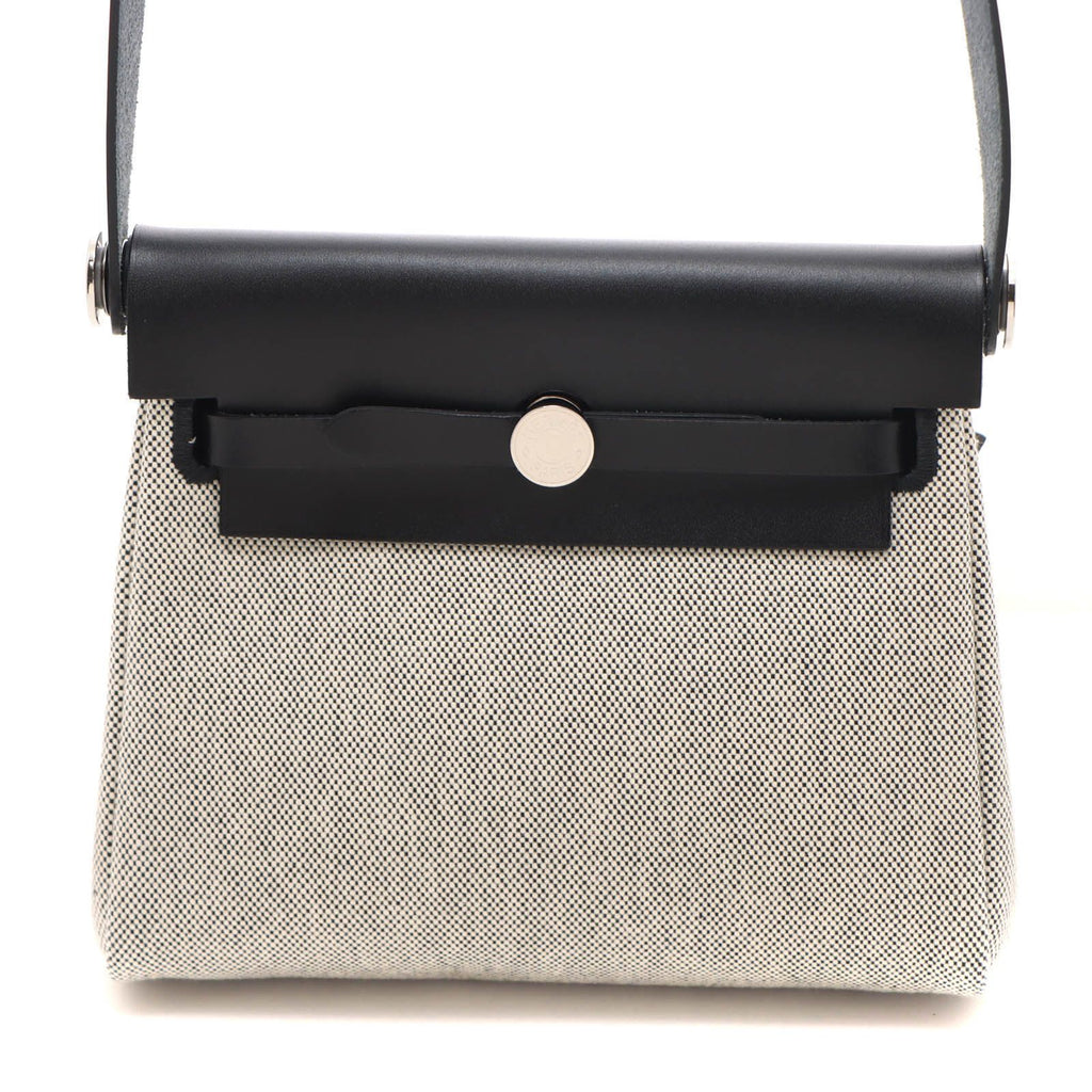 Hermes Herbag Zip Mini Ecru Black Silver Shoulder Bag Canvas