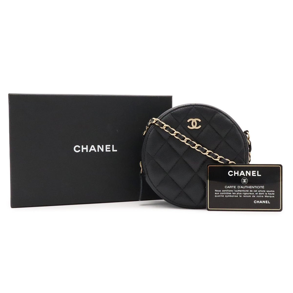 Chanel Quilted Chain Shoulder Bag Pochette Round Crossbody Caviar Leather Black — view 8