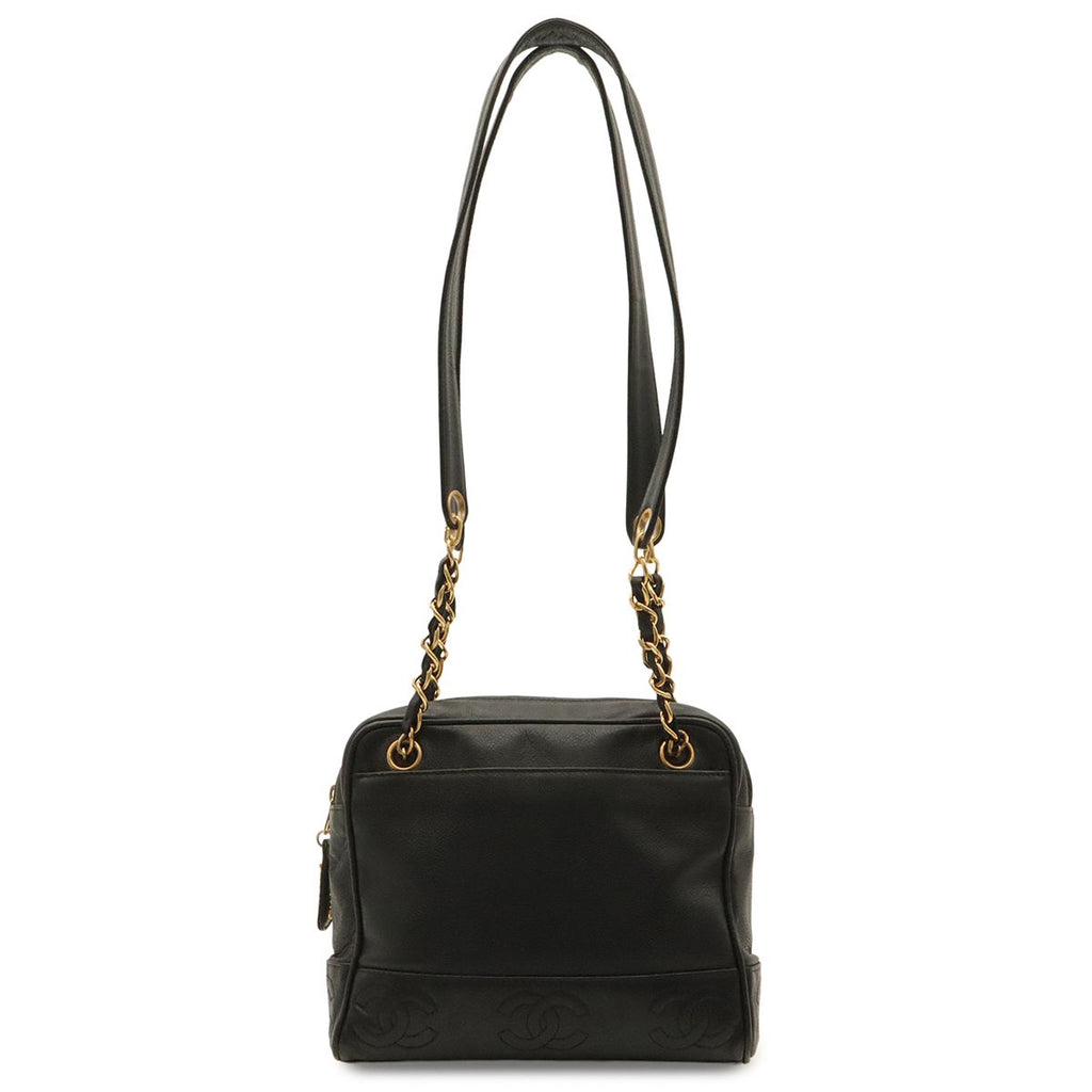 Chanel Triple CC Logo Tote Chain Shoulder Bag Caviar Leather Black Gold