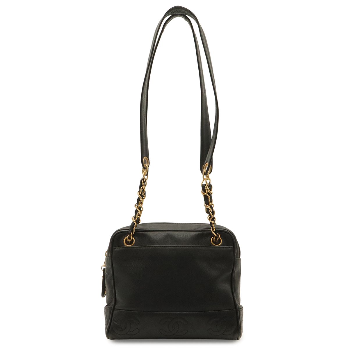 Chanel Triple CC Logo Tote Chain Shoulder Bag Caviar Leather Black Gold