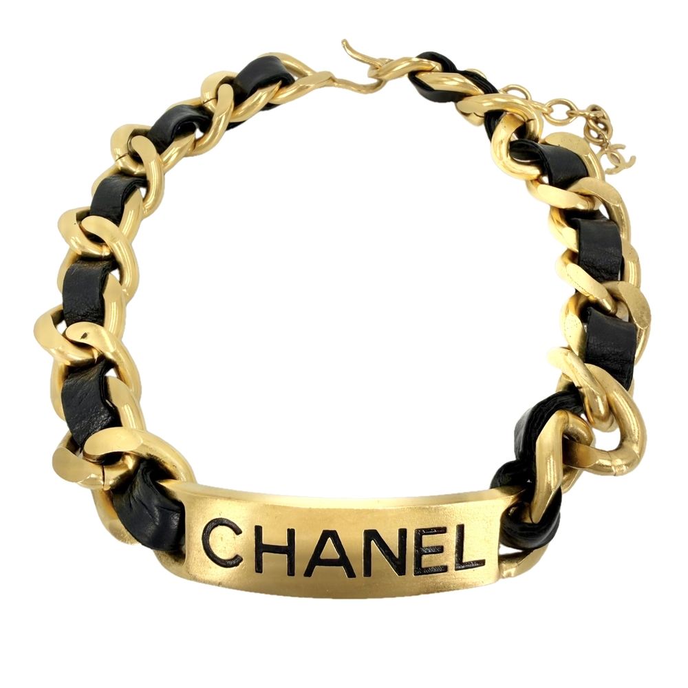 Chanel Choker CC Logo Plate Necklace Adjustable Leather 95P Gold Black