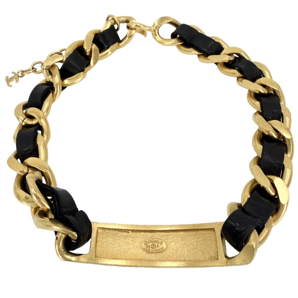 Chanel Choker CC Logo Plate Necklace Adjustable Leather 95P Gold Black — view 2