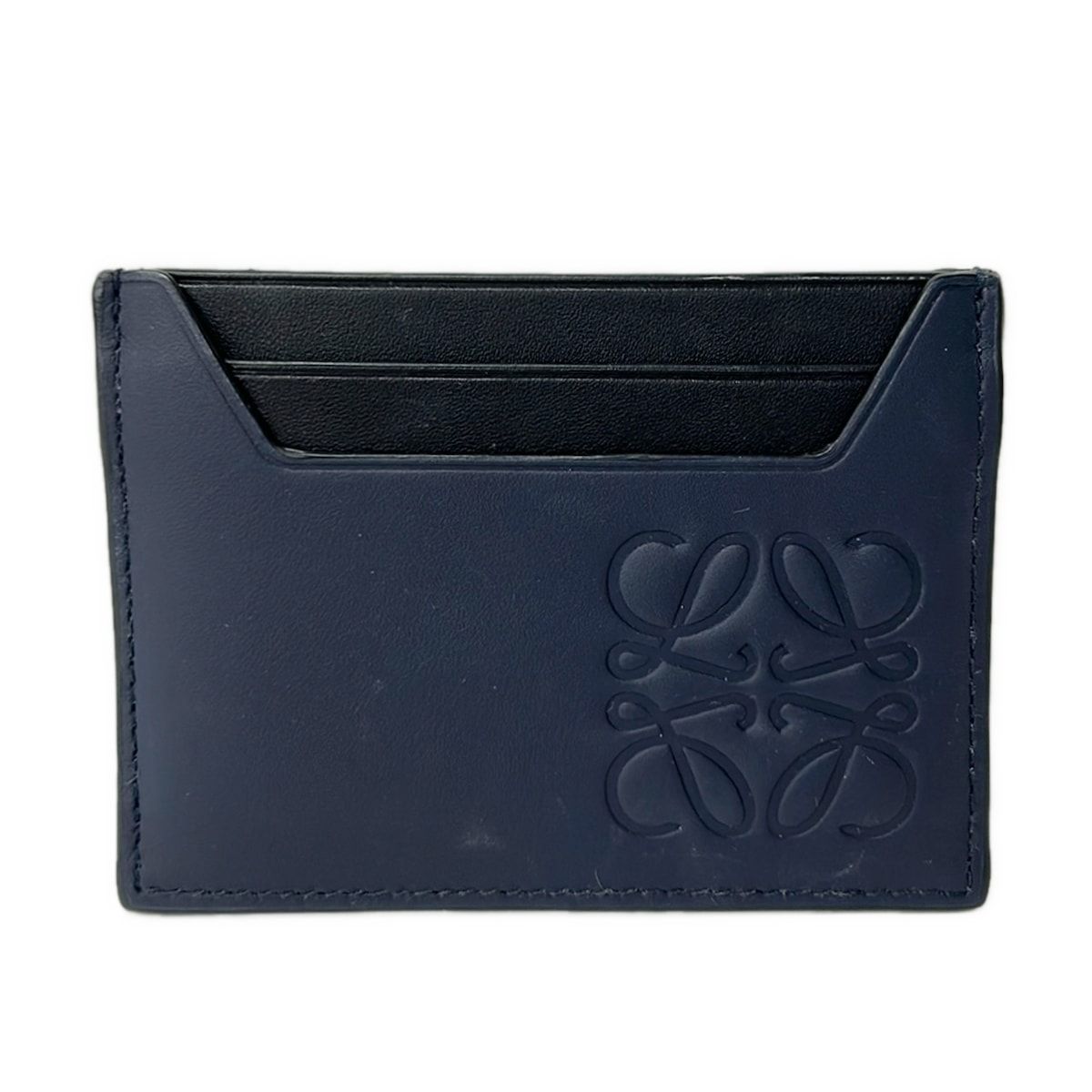 Loewe Card Case Plain Dark Navy Black Embossed Anagram Leather