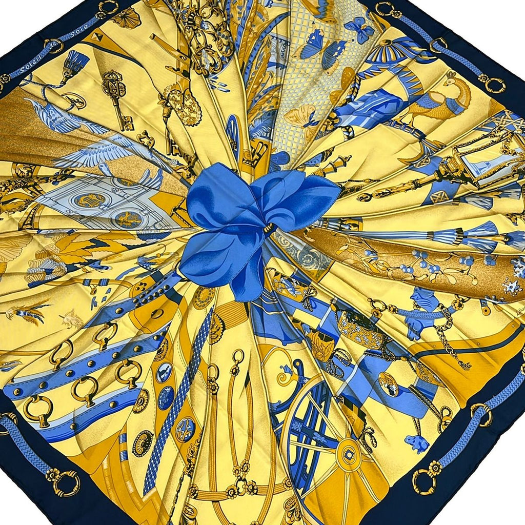 Hermes Scarf Carre 90 Yellow Navy Blue Soleil de Soie