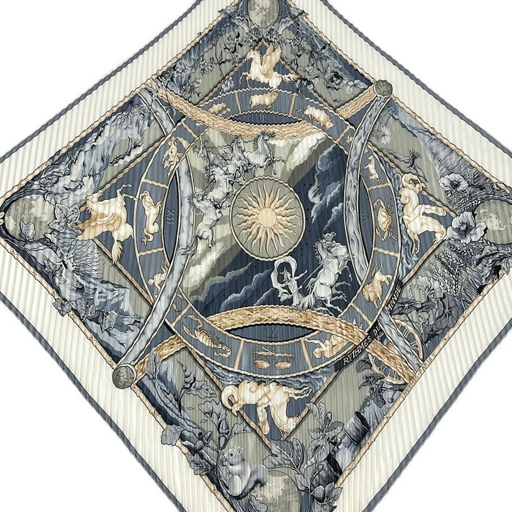 Hermes Scarf Pleats Carre Ivory Blue Multi Rythmes du Monde Silk