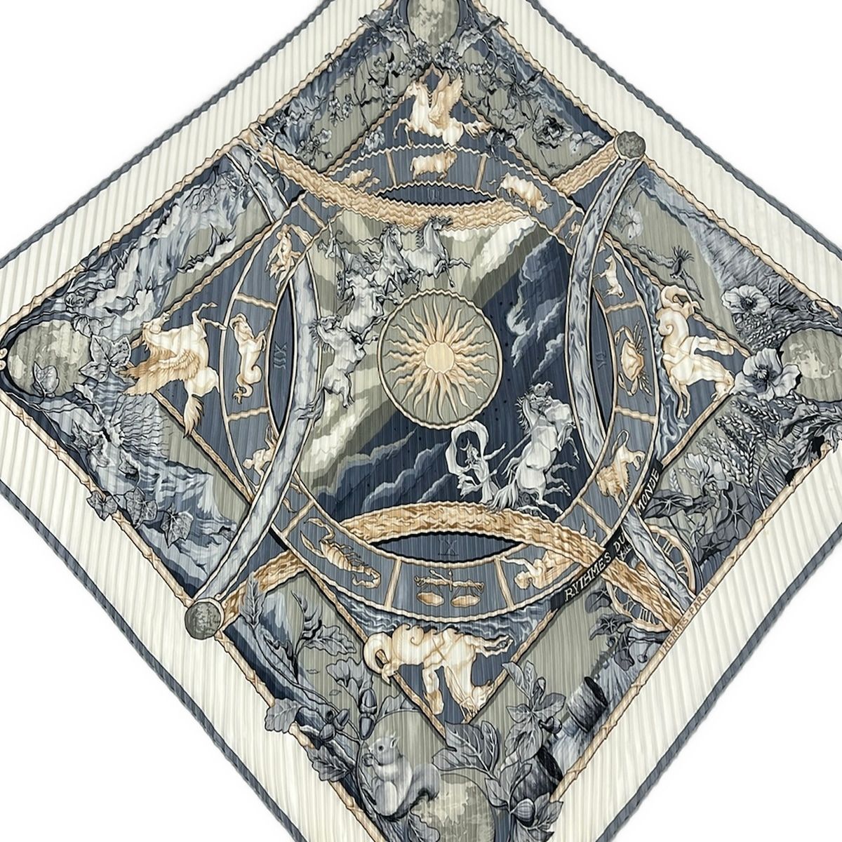 Hermes Scarf Pleats Carre Ivory Blue Multi Rythmes du Monde Silk