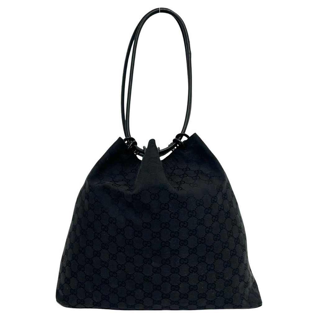 Gucci GG Canvas Pattern Leather Drawstring Shoulder Bag Tote Black — view 3