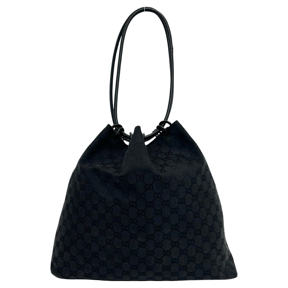 Gucci GG Canvas Pattern Leather Drawstring Shoulder Bag Tote Black — view 3
