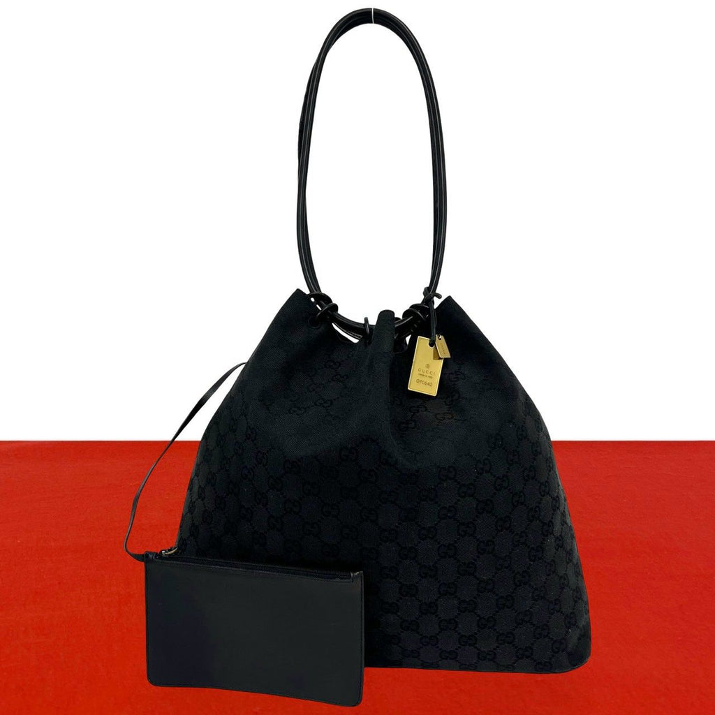 Gucci GG Canvas Pattern Leather Drawstring Shoulder Bag Tote Black