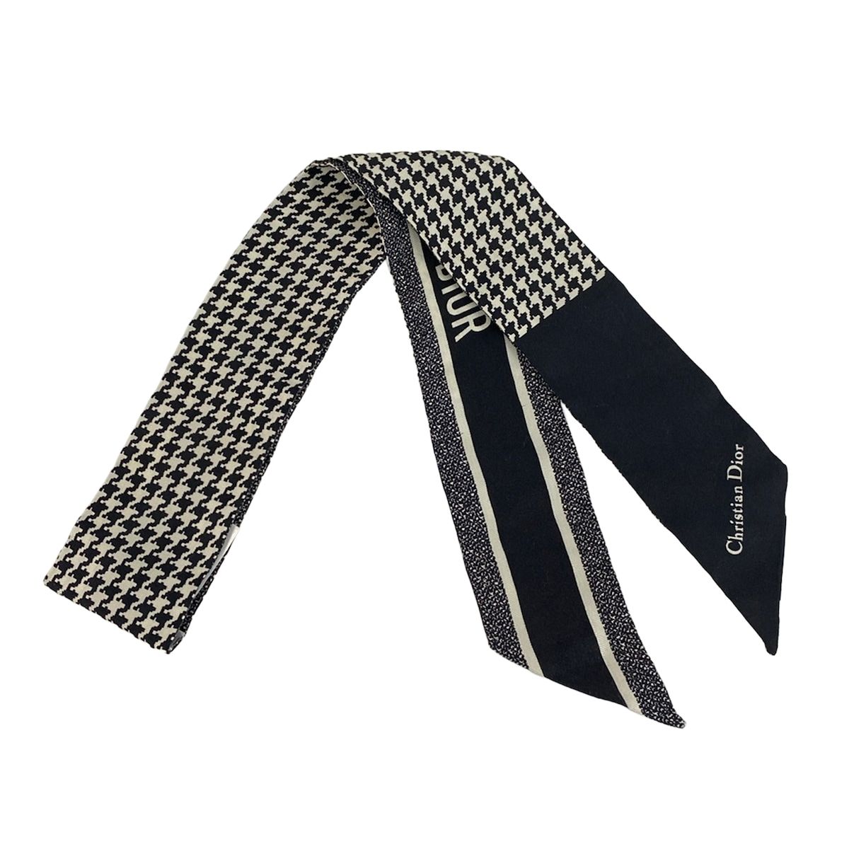 Dior Scarf Black Ivory Ribbon Houndstooth Pattern