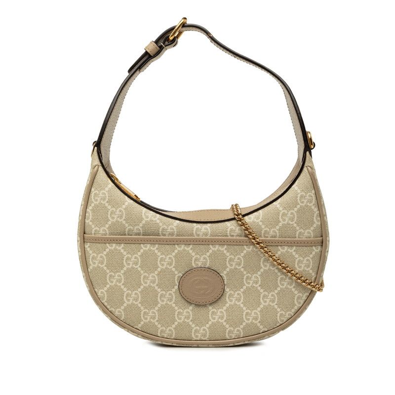 Gucci GG Supreme Half Moon Shape Mini Chain Shoulder Bag 2-Way Beige Leather