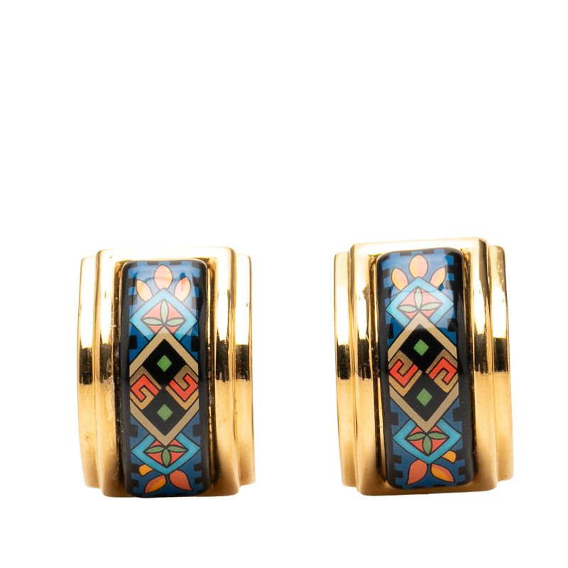 Hermes Enamel Cloisonne Earrings Ear Clips Gold Multicolor Plated