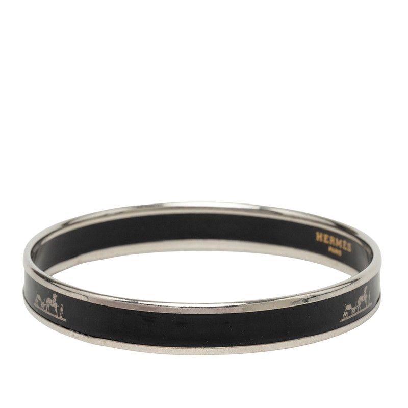 Hermes Enamel PM Caleche Bangle Black Silver Metal Bracelet — view 2