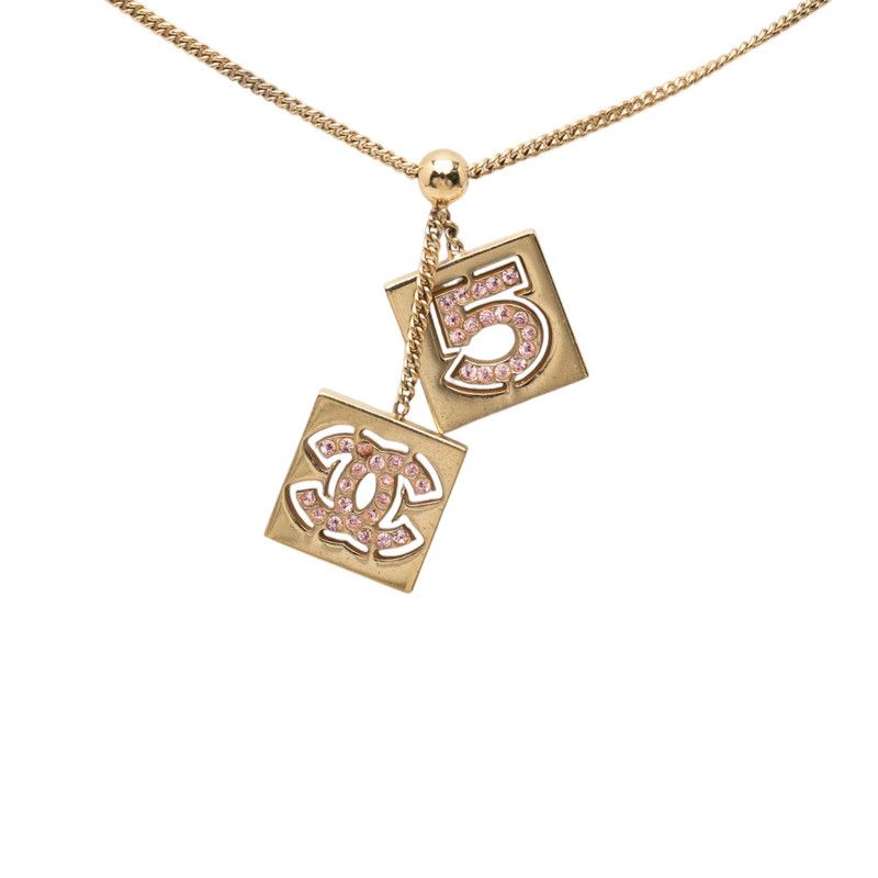 Chanel CC Logo No 5 Plate Chain Pendant 02P Gold Plated Rhinestone