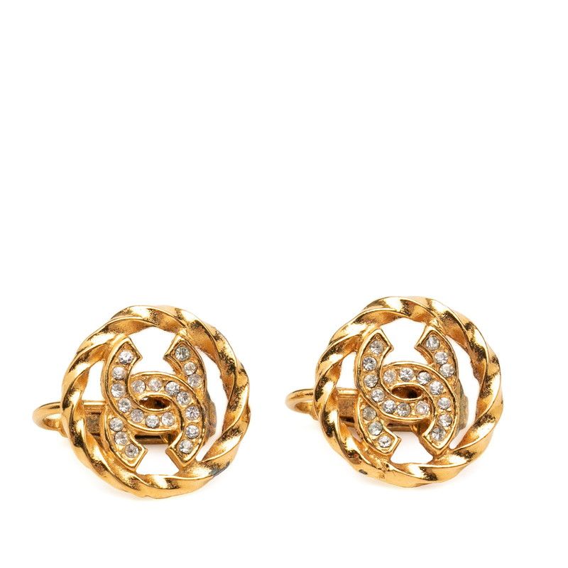 Chanel CC Logo Round Twist Design Earrings Ear Clips Gold Plated Rhinestone