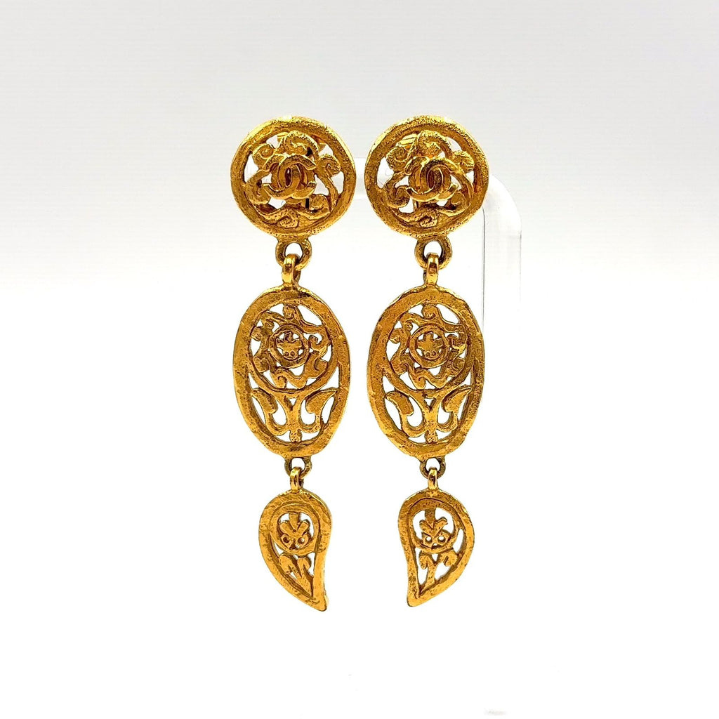 Chanel CC Logo Triple Swing Gold Plated Earrings