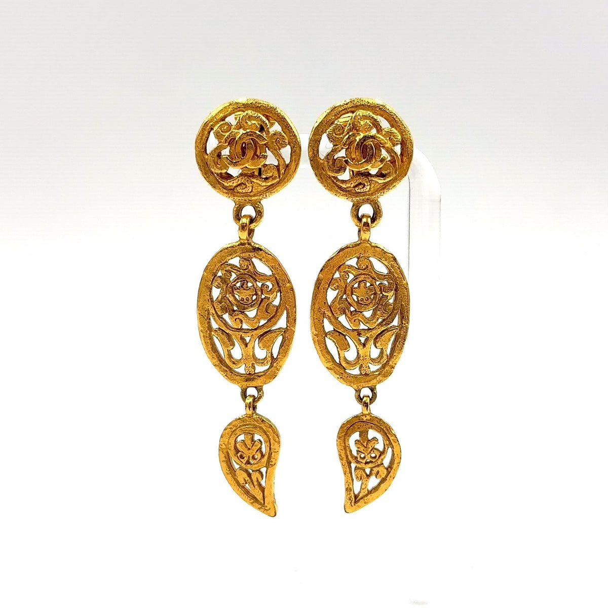 Chanel CC Logo Triple Swing Gold Plated Earrings