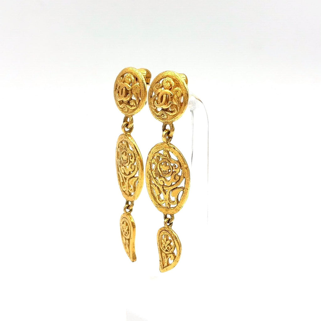 Chanel CC Logo Triple Swing Gold Plated Earrings — view 2