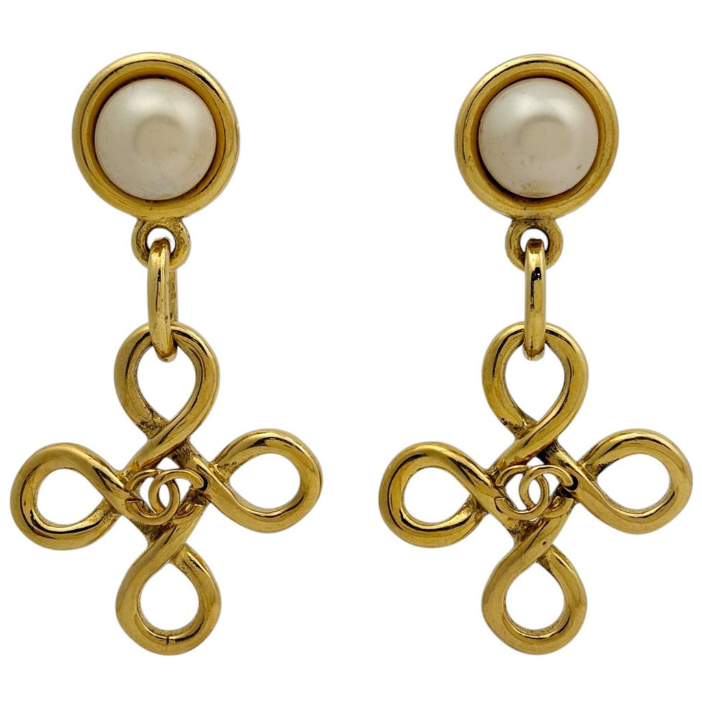 Chanel Earrings CC Logo Swing Faux Pearl Gold