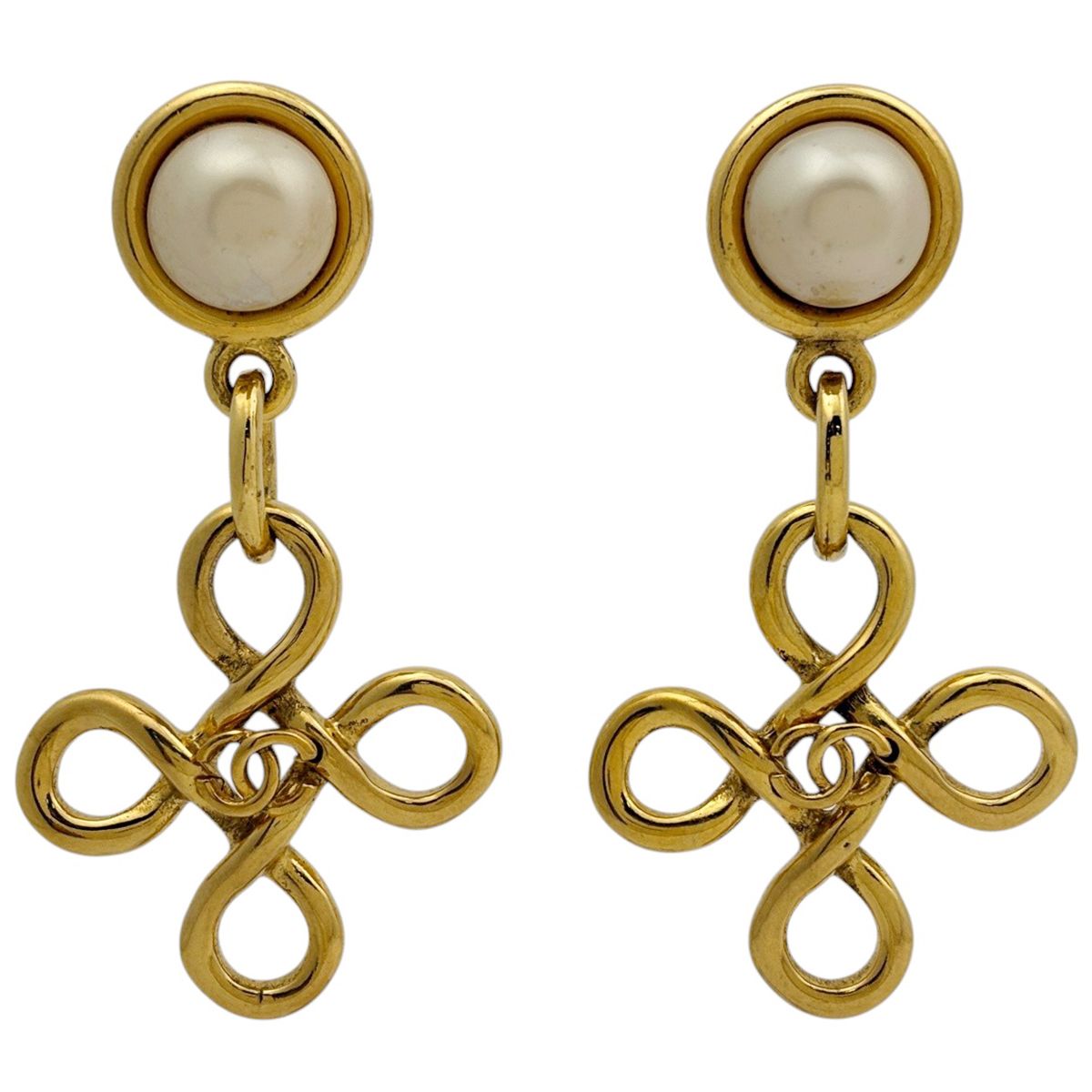 Chanel Earrings CC Logo Swing Faux Pearl Gold