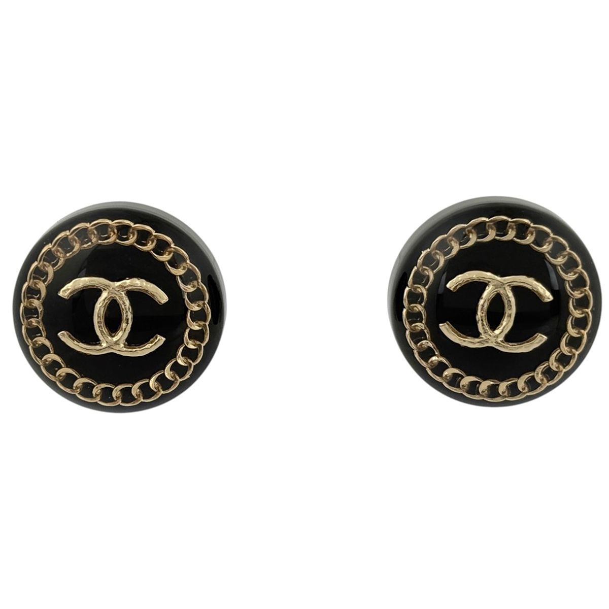 Chanel Earrings CC Logo Round Plastic Black Gold