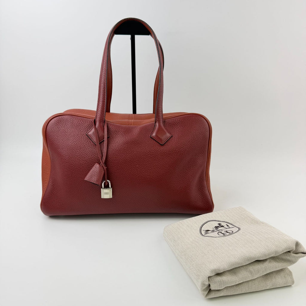 Hermes Victoria Bicolor Shoulder Bag Taurillon Clemence Bordeaux Brown Silver — view 2