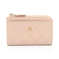 Chanel Coin Purse CC Logo Zip Card Case Pink Beige Leather Quilted Fragment