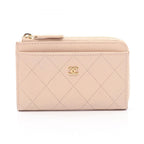 Chanel Coin Purse CC Logo Zip Card Case Pink Beige Leather Quilted Fragment