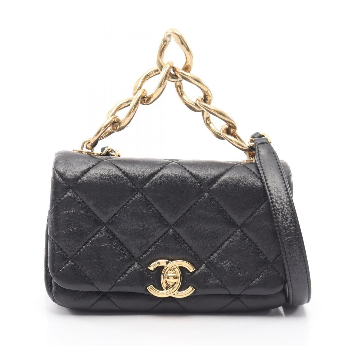 Chanel Shoulder Bag Mini Quilted 2-Way Black Lambskin Small Flap Chain