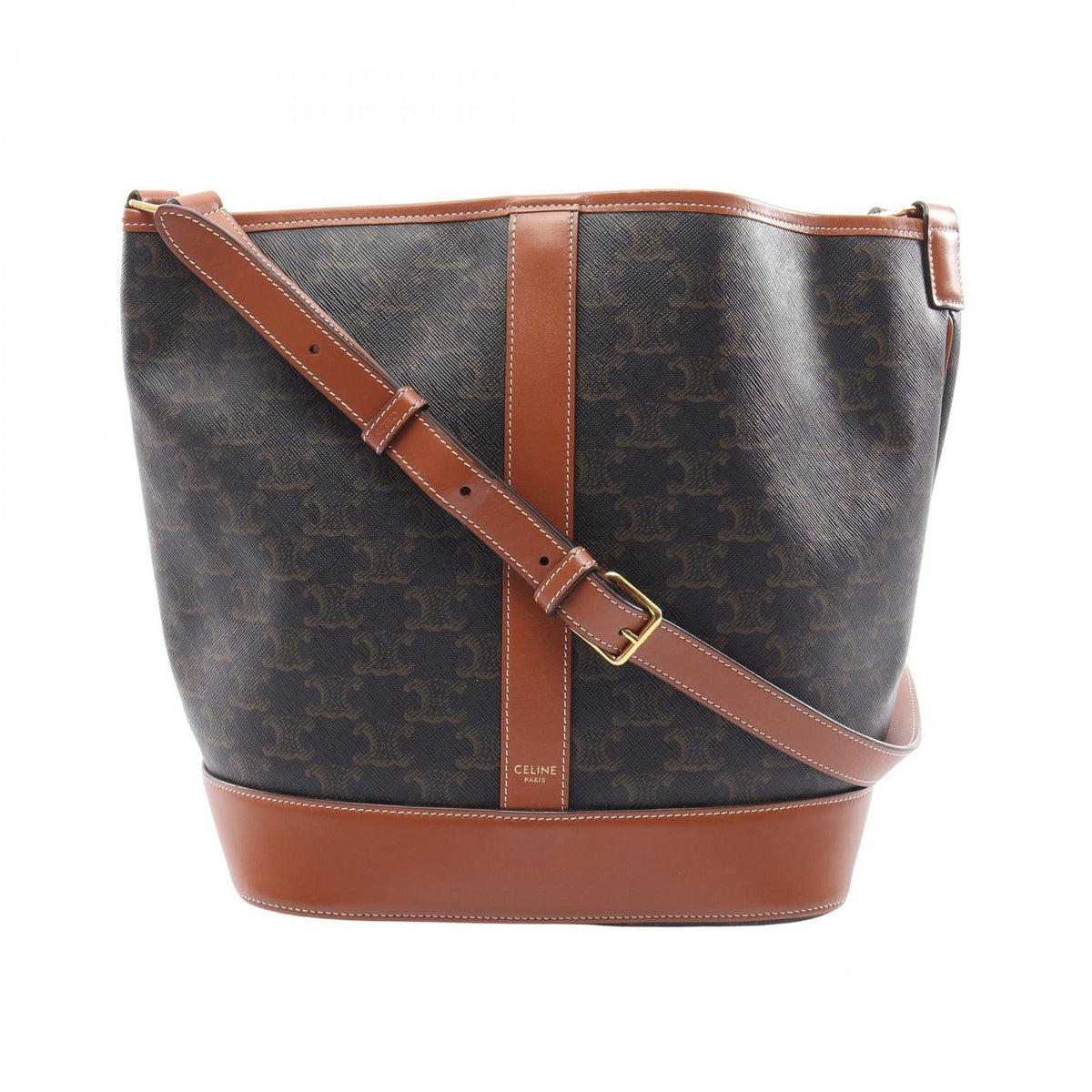 Celine Shoulder Bag Triomphe Medium Bucket Dark Brown Leather