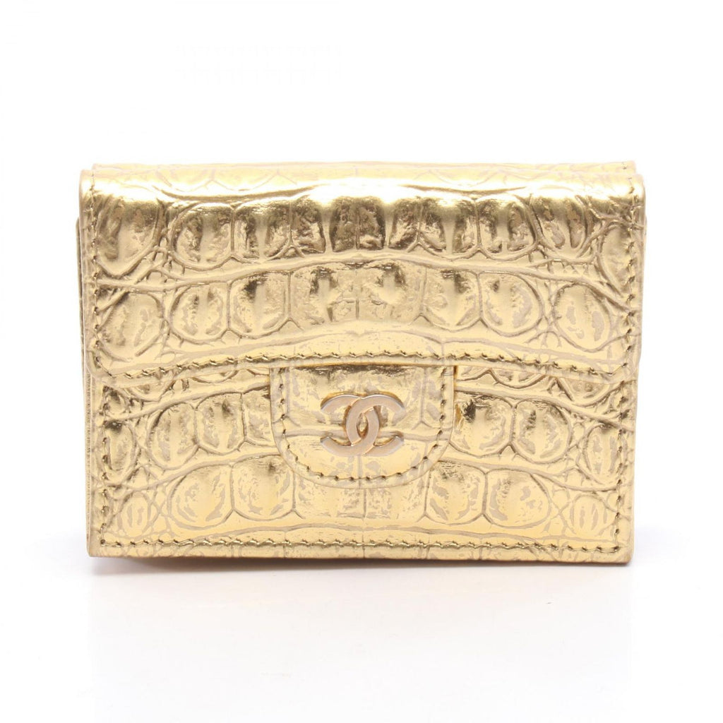 Chanel Trifold Wallet Classic Small Croco Embossed Gold Leather