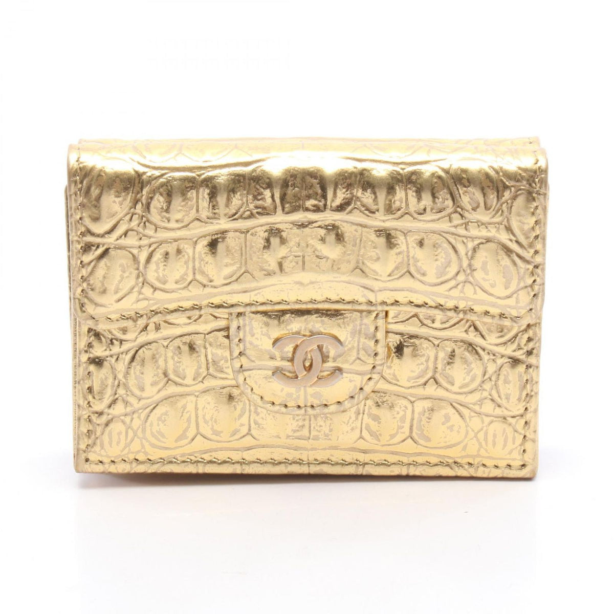 Chanel Trifold Wallet Classic Small Croco Embossed Gold Leather