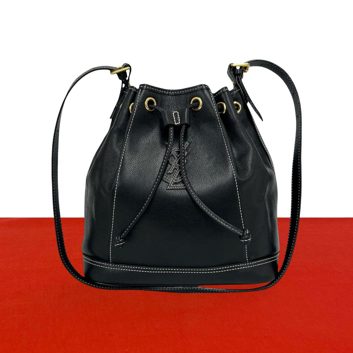Saint Laurent Vintage YSL Logo Leather Drawstring Shoulder Bag Pochette Black