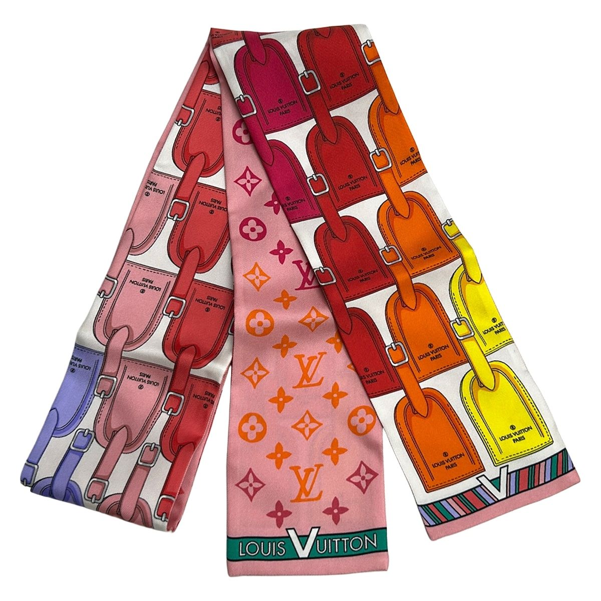 Louis Vuitton Scarf Bandeau My LV Tag Pink White Multi Ribbon Silk